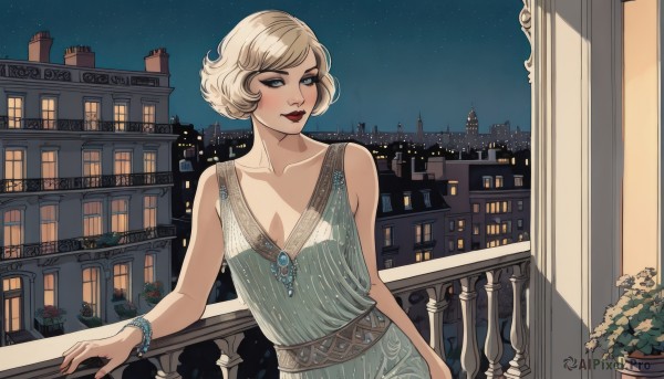 1girl,solo,breasts,blush,smile,short hair,bangs,blue eyes,blonde hair,dress,cleavage,bare shoulders,jewelry,closed mouth,collarbone,upper body,small breasts,outdoors,sky,sleeveless,bracelet,lips,looking to the side,window,makeup,night,sleeveless dress,looking away,plant,lipstick,building,star (sky),night sky,starry sky,city,railing,red lips,potted plant,balcony,looking at viewer,necklace,gem,eyeshadow,cityscape