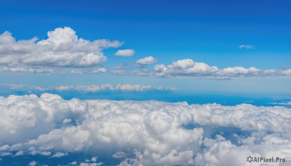 outdoors,sky,day,cloud,water,blue sky,no humans,ocean,cloudy sky,scenery,blue theme,horizon,landscape,above clouds,monochrome