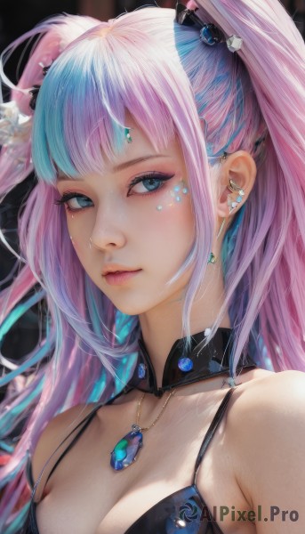 1girl,solo,long hair,breasts,looking at viewer,bangs,blue eyes,hair ornament,cleavage,bare shoulders,twintails,jewelry,medium breasts,closed mouth,underwear,blue hair,collarbone,upper body,pink hair,multicolored hair,earrings,blunt bangs,necklace,bra,two-tone hair,aqua eyes,two side up,lips,streaked hair,eyelashes,aqua hair,makeup,detached collar,piercing,gem,ear piercing,portrait,eyeshadow,freckles,realistic,nose,mascara,swimsuit,bikini,choker,artist name,collar,gradient hair,pendant,pink lips,blue gemstone