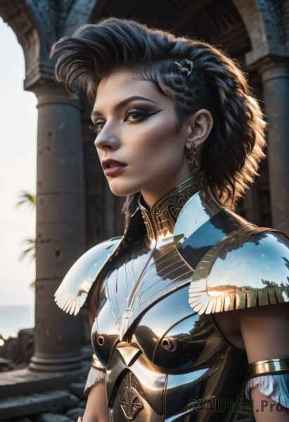 1girl,solo,breasts,short hair,black hair,hair ornament,brown eyes,jewelry,upper body,earrings,outdoors,parted lips,artist name,dark skin,necklace,armor,blurry,dark-skinned female,lips,makeup,blurry background,watermark,lipstick,shoulder armor,web address,armlet,pauldrons,breastplate,realistic,nose,pillar,column,hairclip