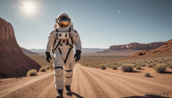 1girl,solo,gloves,standing,full body,boots,outdoors,sky,day,black gloves,shadow,moon,helmet,scenery,facing viewer,1other,walking,science fiction,mountain,sand,sun,planet,mountainous horizon,ambiguous gender,spacesuit,desert,space helmet,astronaut,blue sky,sunlight,star (sky),space,earth (planet)