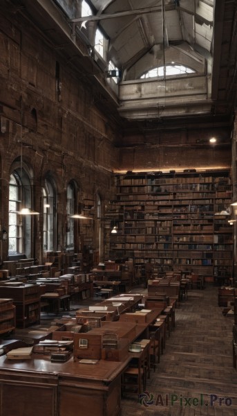 day,indoors,book,no humans,window,chair,table,sunlight,scenery,desk,light rays,wooden floor,stairs,bookshelf,lamp,sunbeam,shelf,book stack,library,ceiling,ladder,voile,light particles,light