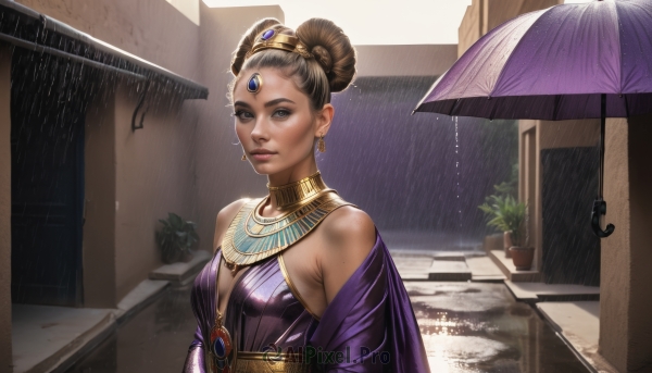 1girl,solo,breasts,looking at viewer,brown hair,dress,cleavage,bare shoulders,brown eyes,jewelry,medium breasts,upper body,braid,earrings,small breasts,outdoors,dark skin,necklace,hair bun,dark-skinned female,lips,double bun,umbrella,plant,gem,purple dress,rain,circlet,realistic,nose,potted plant,forehead jewel,short hair,black hair,hair ornament,single hair bun,neck ring