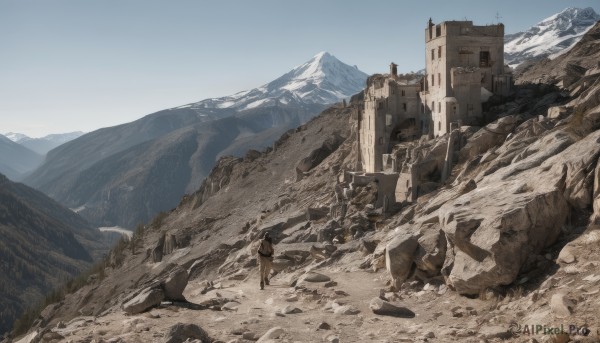 1boy,standing,weapon,outdoors,sky,day,blue sky,building,scenery,rock,mountain,sand,ruins,castle,landscape,ambiguous gender,desert,solo,bag,from behind,backpack,snow