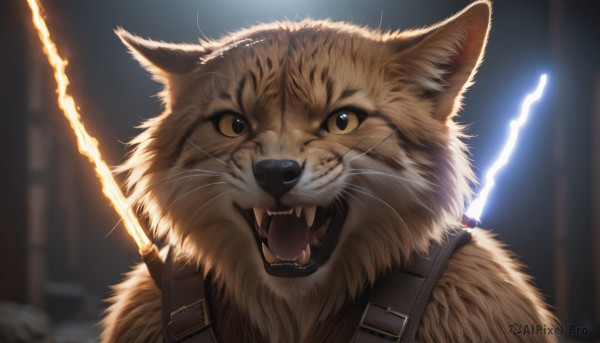 solo,looking at viewer,open mouth,brown eyes,yellow eyes,upper body,teeth,artist name,blurry,no humans,blurry background,animal,fangs,cat,portrait,colored sclera,realistic,electricity,animal focus,whiskers,signature,sharp teeth,close-up