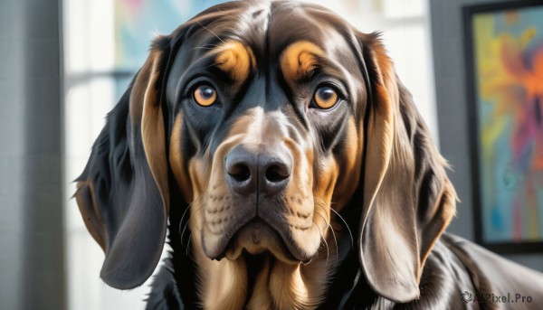 HQ,solo,looking at viewer,brown eyes,indoors,blurry,no humans,depth of field,blurry background,animal,cat,portrait,dog,realistic,animal focus,whiskers,what,yellow eyes,close-up,brown fur