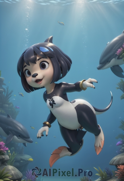 1girl,solo,breasts,smile,short hair,open mouth,bangs,black hair,hair ornament,animal ears,brown eyes,jewelry,tail,swimsuit,full body,:d,small breasts,teeth,artist name,signature,water,black eyes,bracelet,bodysuit,:3,ocean,animal,sunlight,thick eyebrows,monster girl,skin tight,claws,furry,fish,bubble,light rays,underwater,borrowed character,furry female,air bubble,sunbeam,fish tail,animal nose,swimming,fins,diving mask,freediving,coral,wetsuit,seaweed,blue eyes,one-piece swimsuit,black nails,white one-piece swimsuit,shark,dolphin