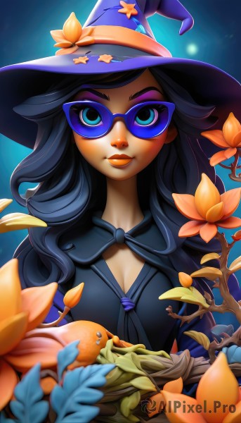 1girl,solo,long hair,breasts,looking at viewer,smile,blue eyes,black hair,hat,cleavage,medium breasts,upper body,flower,glasses,lips,eyelashes,makeup,witch hat,lipstick,eyeshadow,halloween,nose,witch,eyeliner,mushroom,tinted eyewear,orange flower,mascara,star (symbol),watermark,sunglasses,web address