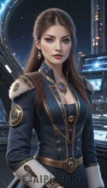 1girl,solo,long hair,breasts,looking at viewer,large breasts,brown hair,long sleeves,cleavage,brown eyes,jewelry,medium breasts,closed mouth,standing,earrings,belt,necklace,blurry,lips,coat,fur trim,makeup,night,blurry background,lipstick,pendant,realistic,nose,red lips,fur-trimmed sleeves,blue coat,upper body,uniform,science fiction