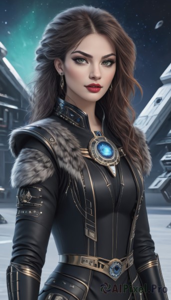 1girl,solo,long hair,breasts,looking at viewer,brown hair,long sleeves,brown eyes,jewelry,green eyes,upper body,earrings,outdoors,sky,belt,artist name,lips,coat,grey eyes,fur trim,makeup,night,lipstick,brooch,gem,star (sky),night sky,snow,eyeshadow,starry sky,black coat,snowing,nose,red lips,medium breasts,signature,armor,mole,bodysuit,realistic,space