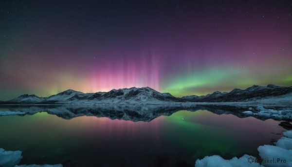 outdoors,sky,cloud,water,tree,no humans,night,star (sky),nature,night sky,scenery,starry sky,reflection,mountain,river,landscape,lake,aurora,rock