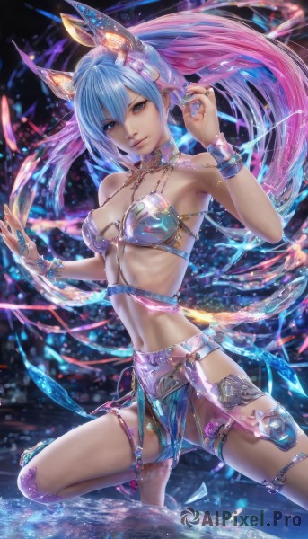 1girl,solo,long hair,breasts,looking at viewer,short hair,blue eyes,navel,animal ears,cleavage,bare shoulders,jewelry,medium breasts,blue hair,swimsuit,ponytail,bikini,multicolored hair,parted lips,barefoot,water,nail polish,bracelet,lips,revealing clothes,dancer,hair between eyes,pink hair,choker,armor,two-tone hair,gradient hair,headgear,ring,realistic,thighlet,bikini armor