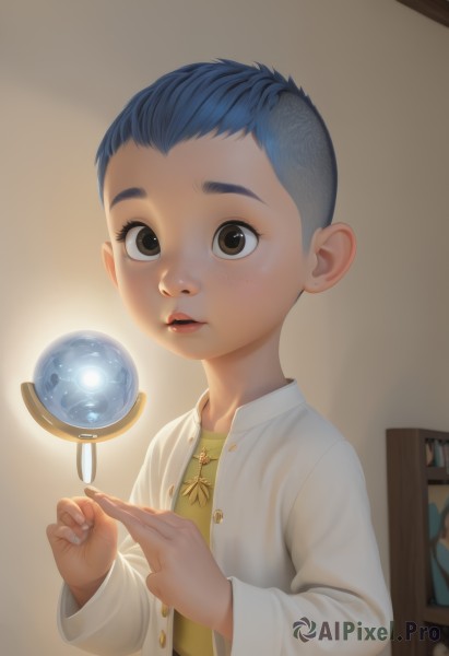 solo,looking at viewer,short hair,shirt,long sleeves,1boy,brown eyes,blue hair,upper body,male focus,parted lips,indoors,lips,child,freckles,realistic,male child,orb,open mouth,jewelry,teeth,pointy ears,necklace,fingernails,book,thick eyebrows,floating object,globe