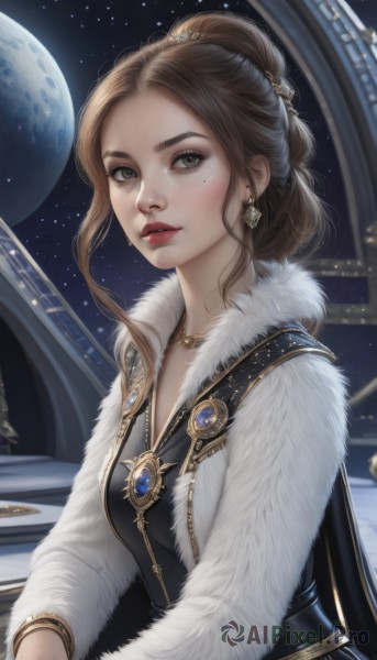 1girl,solo,long hair,breasts,looking at viewer,brown hair,hair ornament,long sleeves,dress,brown eyes,jewelry,upper body,earrings,parted lips,sky,necklace,hair bun,mole,black dress,bracelet,lips,coat,fur trim,mole under eye,makeup,night,moon,lipstick,gem,star (sky),starry sky,freckles,red lips,planet,artist name,instrument,realistic,nose,earth (planet)