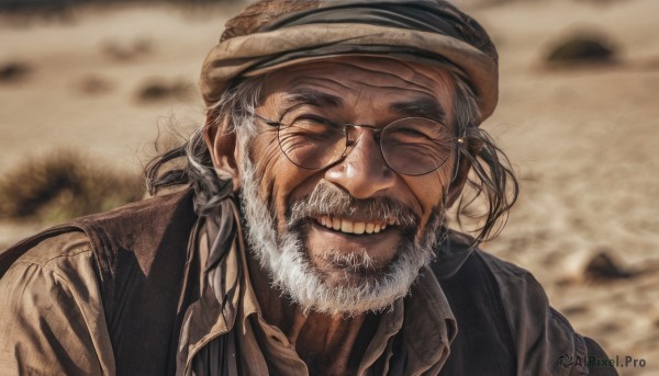 solo,looking at viewer,smile,shirt,1boy,hat,yellow eyes,upper body,grey hair,male focus,outdoors,one eye closed,glasses,teeth,collared shirt,grin,blurry,vest,blurry background,facial hair,portrait,beard,mature male,realistic,round eyewear,mustache,brown headwear,old,old man,brown vest,wrinkled skin,closed eyes,depth of field,facing viewer,manly,sepia,brown theme