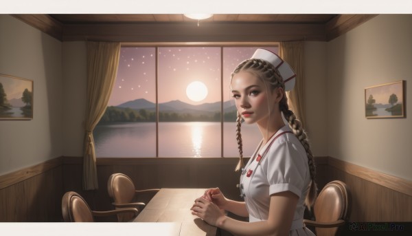 1girl,solo,long hair,breasts,looking at viewer,brown hair,black hair,hat,dress,brown eyes,sitting,upper body,braid,short sleeves,sky,indoors,twin braids,lips,window,night,chair,moon,table,own hands together,lipstick,curtains,star (sky),nurse cap,red lips,nurse,painting (object),jewelry,parted lips,water,from side,blood,scenery,starry sky,freckles,sunset,mountain,realistic,nose,intravenous drip