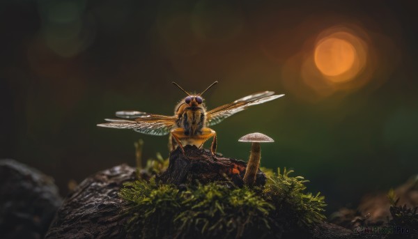 solo,sitting,outdoors,wings,blurry,tree,no humans,night,moon,grass,bug,plant,nature,scenery,rock,antennae,mushroom,insect wings,full moon,monster,realistic,sun,beetle,dragonfly