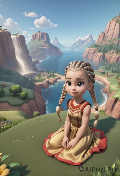 1girl,solo,long hair,looking at viewer,smile,brown hair,dress,twintails,brown eyes,sitting,braid,flower,outdoors,sky,sleeveless,day,cloud,water,twin braids,tree,blue sky,lips,sleeveless dress,grass,child,nature,scenery,seiza,mountain,fantasy,female child,river,waterfall,landscape,mountainous horizon,lake,cliff,hands on lap,pond,floating island,breasts,blonde hair,full body,multicolored hair,artist name,dark skin,kneeling,ocean,thick eyebrows,aged down,plant,forehead,yellow flower,bush,yellow dress