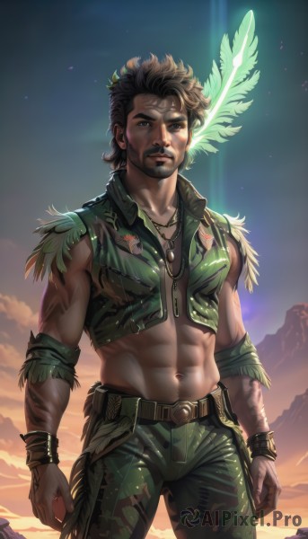 solo,looking at viewer,brown hair,black hair,1boy,navel,brown eyes,jewelry,standing,jacket,male focus,cowboy shot,outdoors,sky,sleeveless,midriff,belt,pants,dark skin,necklace,stomach,vest,crop top,tattoo,muscular,facial hair,abs,dark-skinned male,feathers,wristband,beard,clenched hands,toned,sunset,mountain,realistic,nose,arms at sides,manly,camouflage,dirty,open vest,dog tags,green pants,dreadlocks,native american,tooth necklace,shirt,hair ornament,open clothes,signature,bracelet,glowing,watermark,scar,pectorals,muscular male,web address,feather hair ornament,sunrise