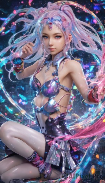 1girl,solo,long hair,breasts,looking at viewer,blue eyes,skirt,hair ornament,cleavage,bare shoulders,twintails,jewelry,medium breasts,pink hair,multicolored hair,parted lips,bracelet,lips,detached collar,realistic,nose,ponytail,white hair,petals,watermark,web address