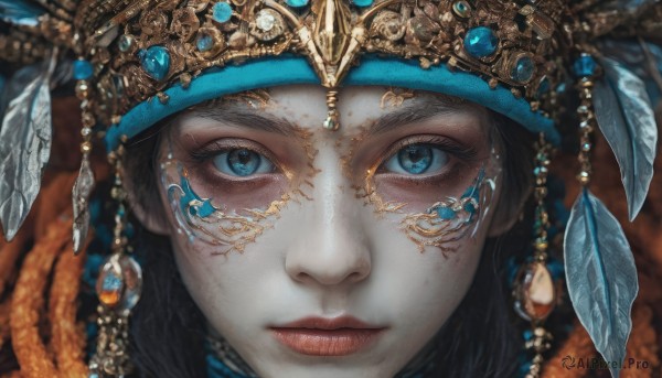 1girl,solo,looking at viewer,blue eyes,black hair,hair ornament,jewelry,closed mouth,blurry,lips,eyelashes,makeup,depth of field,blurry background,leaf,facial mark,feathers,gem,portrait,close-up,crystal,headdress,red lips,feather hair ornament,straight-on,gold,blue gemstone,eye focus,blue headwear,freckles,realistic