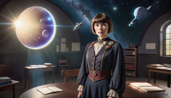 1girl,solo,looking at viewer,short hair,bangs,brown hair,long sleeves,dress,brown eyes,sky,cloud,indoors,black dress,lips,book,window,night,chair,moon,table,bob cut,star (sky),desk,starry sky,realistic,sun,bookshelf,space,planet,library,spacecraft,globe,blunt bangs,uniform,military,military uniform,sunlight,science fiction,earth (planet),medal