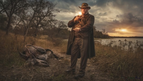 solo,looking at viewer,shirt,black hair,gloves,long sleeves,1boy,hat,holding,standing,jacket,full body,white shirt,male focus,outdoors,sky,belt,pants,cloud,black footwear,tree,coat,black headwear,facial hair,cloudy sky,grass,bug,fire,nature,scenery,beard,realistic,field,bare tree,weapon,necktie,shoes,forest,sunset,mustache,sun,brown pants,cowboy hat,fedora,trench coat,death,corpse,cowboy western