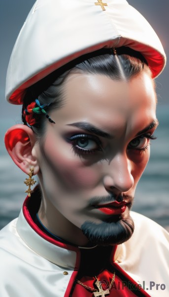 solo,looking at viewer,short hair,black hair,hair ornament,1boy,hat,jewelry,male focus,earrings,necklace,blurry,black eyes,lips,makeup,blurry background,facial hair,white headwear,cross,lipstick,portrait,christmas,beard,realistic,nose,mustache,red lips,1girl,blue eyes,green eyes,eyelashes,beret,close-up