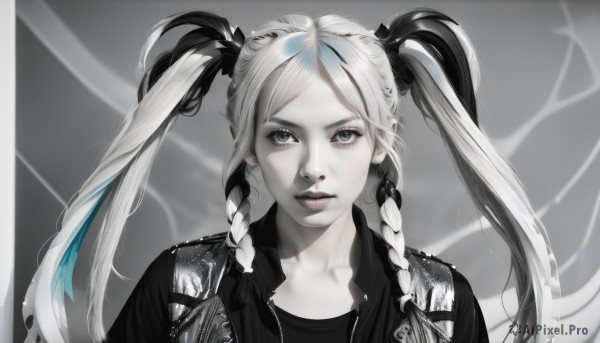 1girl,solo,long hair,looking at viewer,bangs,shirt,hair ornament,ribbon,twintails,collarbone,jacket,monochrome,hair ribbon,upper body,braid,white hair,greyscale,multicolored hair,parted lips,artist name,grey background,twin braids,two-tone hair,open jacket,lips,black jacket,parted bangs,grey eyes,black shirt,eyelashes,pale skin,portrait,spot color,realistic,nose,leather,leather jacket,closed mouth,blue hair,open clothes,streaked hair,makeup