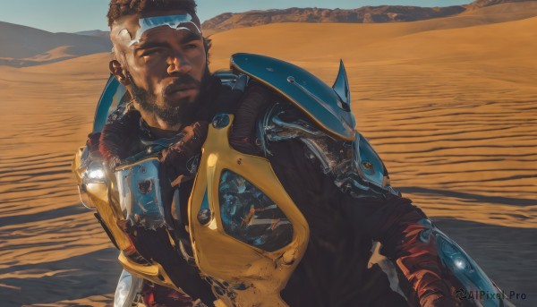 solo,looking at viewer,short hair,brown hair,black hair,1boy,brown eyes,upper body,male focus,outdoors,day,dark skin,armor,looking to the side,headband,facial hair,dark-skinned male,shoulder armor,beard,pauldrons,breastplate,realistic,sand,manly,very dark skin,desert,dreadlocks,closed mouth,sky,science fiction,hair behind ear,pilot suit,power armor,spacesuit