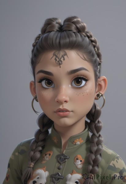 1girl,solo,long hair,looking at viewer,simple background,brown hair,black hair,brown eyes,jewelry,upper body,braid,earrings,parted lips,teeth,grey background,hair bun,twin braids,lips,eyelashes,tattoo,animal,facial mark,chinese clothes,thick eyebrows,portrait,hair over shoulder,forehead,freckles,forehead mark,realistic,nose,multiple braids,bangs