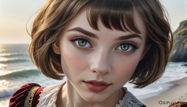 1girl,solo,looking at viewer,smile,short hair,bangs,blue eyes,brown hair,outdoors,parted lips,teeth,day,water,blurry,lips,grey eyes,eyelashes,makeup,blurry background,ocean,beach,bob cut,portrait,close-up,freckles,realistic,nose,sand,red lips,sky,depth of field,wind,shore