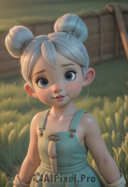 1girl,solo,looking at viewer,blush,smile,short hair,open mouth,blue eyes,gloves,dress,bare shoulders,blue hair,collarbone,upper body,white hair,outdoors,parted lips,teeth,sleeveless,artist name,hair bun,blurry,flat chest,lips,grey eyes,eyelashes,double bun,depth of field,blurry background,child,freckles,female child,overalls,aged down,realistic