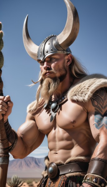 solo,long hair,blonde hair,brown hair,1boy,navel,holding,jewelry,nipples,weapon,male focus,earrings,outdoors,horns,sky,day,necklace,stomach,holding weapon,blurry,tattoo,muscular,blurry background,facial hair,scar,piercing,abs,helmet,pectorals,muscular male,polearm,ear piercing,bara,beard,large pectorals,topless male,mature male,realistic,fake horns,arm tattoo,nipple piercing,manly,shoulder tattoo,chest hair,navel hair,horned headwear,nose piercing,horned helmet,tooth necklace,upper body,bare pectorals