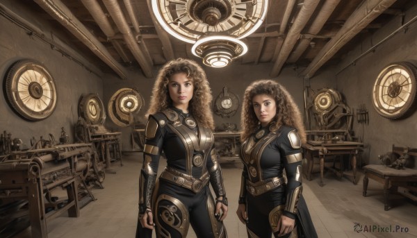 long hair,breasts,looking at viewer,multiple girls,brown hair,2girls,brown eyes,medium breasts,standing,belt,indoors,armor,lips,bodysuit,chair,table,science fiction,curly hair,clock,animification,afro,blonde hair,weapon,fur trim,siblings