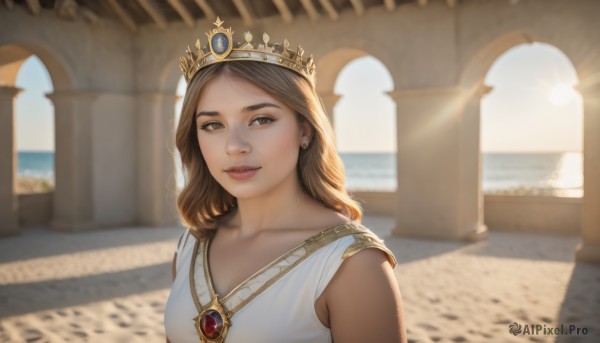 1girl,solo,long hair,breasts,looking at viewer,smile,brown hair,dress,brown eyes,jewelry,closed mouth,collarbone,upper body,earrings,outdoors,sky,sleeveless,day,medium hair,water,necklace,white dress,blurry,lips,blurry background,ocean,beach,sunlight,tiara,crown,gem,realistic,nose,sun,pillar,column,parted lips,teeth,parted bangs,red gemstone,arch