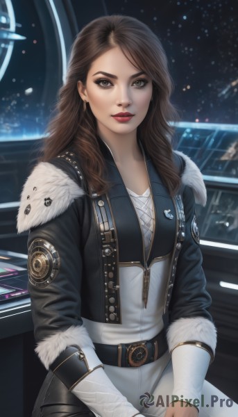 1girl,solo,long hair,breasts,looking at viewer,brown hair,long sleeves,brown eyes,jewelry,sitting,jacket,earrings,open clothes,belt,pants,open jacket,lips,black jacket,fur trim,makeup,wavy hair,lipstick,buckle,eyeshadow,zipper,cropped jacket,science fiction,belt buckle,realistic,nose,red lips,fur-trimmed jacket,space,leather,leather jacket,bangs,shirt,artist name,emblem