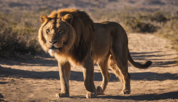 solo,looking at viewer,closed mouth,standing,full body,outdoors,day,blurry,tree,no humans,depth of field,blurry background,shadow,animal,nature,realistic,animal focus,lion,tail,signature