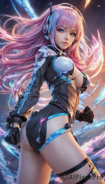 1girl,solo,long hair,breasts,looking at viewer,bangs,blue eyes,gloves,long sleeves,cleavage,medium breasts,standing,pink hair,ass,thighs,multicolored hair,cowboy shot,parted lips,sky,black gloves,looking back,artist name,leotard,lips,clothing cutout,thigh strap,floating hair,headgear,headphones,black leotard,nose,twisted torso,large breasts,closed mouth,cloud,from behind,clenched hand,star (sky),zipper,headset,starry sky,space