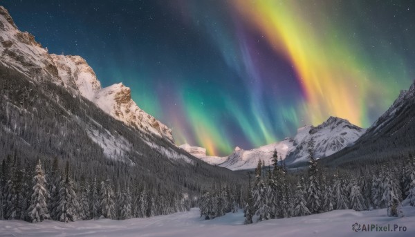 outdoors,multiple boys,sky,tree,no humans,night,star (sky),nature,night sky,scenery,snow,forest,starry sky,mountain,winter,rainbow,landscape,pine tree,aurora