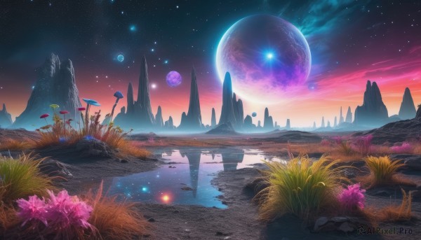 A unique view of a landscape in sunset outdoors