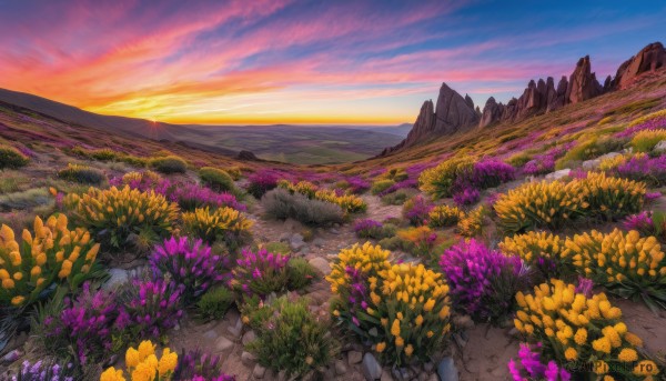 flower, outdoors, sky, cloud, no humans, grass, nature, scenery, sunset, mountain, yellow flower, road, field, flower field, landscape, mountainous horizon, path