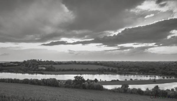 monochrome,greyscale,outdoors,sky,cloud,water,tree,no humans,cloudy sky,grass,building,nature,scenery,forest,reflection,horizon,road,river,landscape,lake,comic,ocean,mountain,field,hill