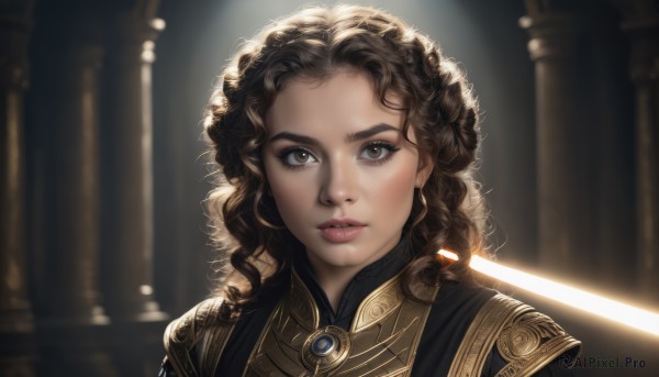 1girl,solo,long hair,looking at viewer,brown hair,brown eyes,jewelry,upper body,parted lips,sword,armor,blurry,lips,eyelashes,blurry background,portrait,curly hair,realistic,nose,pillar,energy sword,earrings,sunlight,gem,close-up,forehead,backlighting