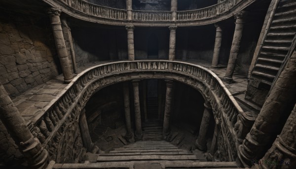 monochrome,indoors,dutch angle,no humans,scenery,stairs,railing,ruins,bridge,pillar,arch,column,outdoors,building,architecture,stone floor