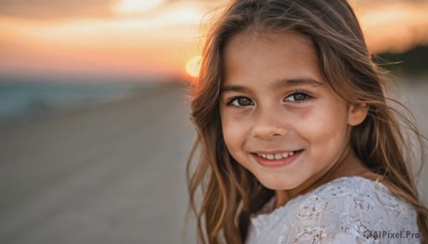 1girl,solo,long hair,looking at viewer,smile,open mouth,brown hair,shirt,brown eyes,white shirt,upper body,outdoors,teeth,grin,blurry,from side,lips,looking to the side,depth of field,blurry background,portrait,forehead,realistic,nose,sky,messy hair,sunset