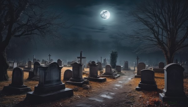 outdoors,sky,cloud,tree,no humans,night,moon,cloudy sky,cross,night sky,scenery,full moon,bare tree,tombstone,graveyard,grave,star (sky),moonlight