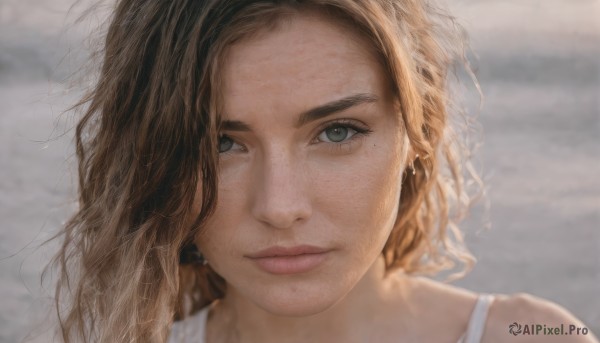 1girl,solo,long hair,looking at viewer,short hair,blue eyes,brown hair,jewelry,closed mouth,earrings,outdoors,mole,blurry,lips,grey eyes,eyelashes,depth of field,blurry background,wavy hair,messy hair,portrait,close-up,freckles,curly hair,realistic,nose,smile,blonde hair,bare shoulders,green eyes,sky,cloud,mole under eye,piercing,cloudy sky,wind,mole on cheek