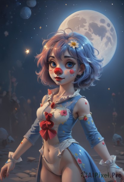 A clown surrounded by a serene outdoors