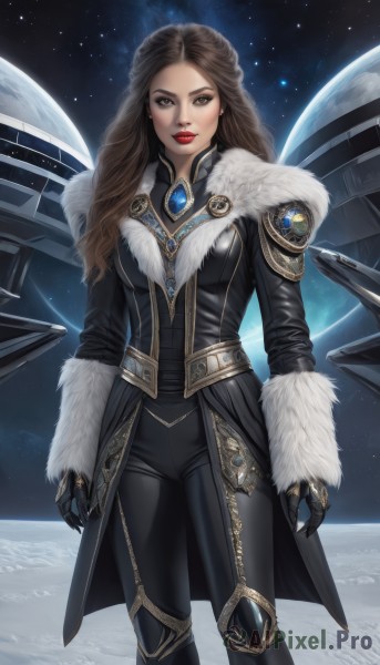 1girl,solo,long hair,breasts,looking at viewer,brown hair,gloves,brown eyes,jewelry,standing,black gloves,pants,armor,lips,coat,fur trim,makeup,black pants,lipstick,gem,star (sky),science fiction,red lips,space,planet,earth (planet),spacecraft,medium breasts,earrings,bodysuit,realistic